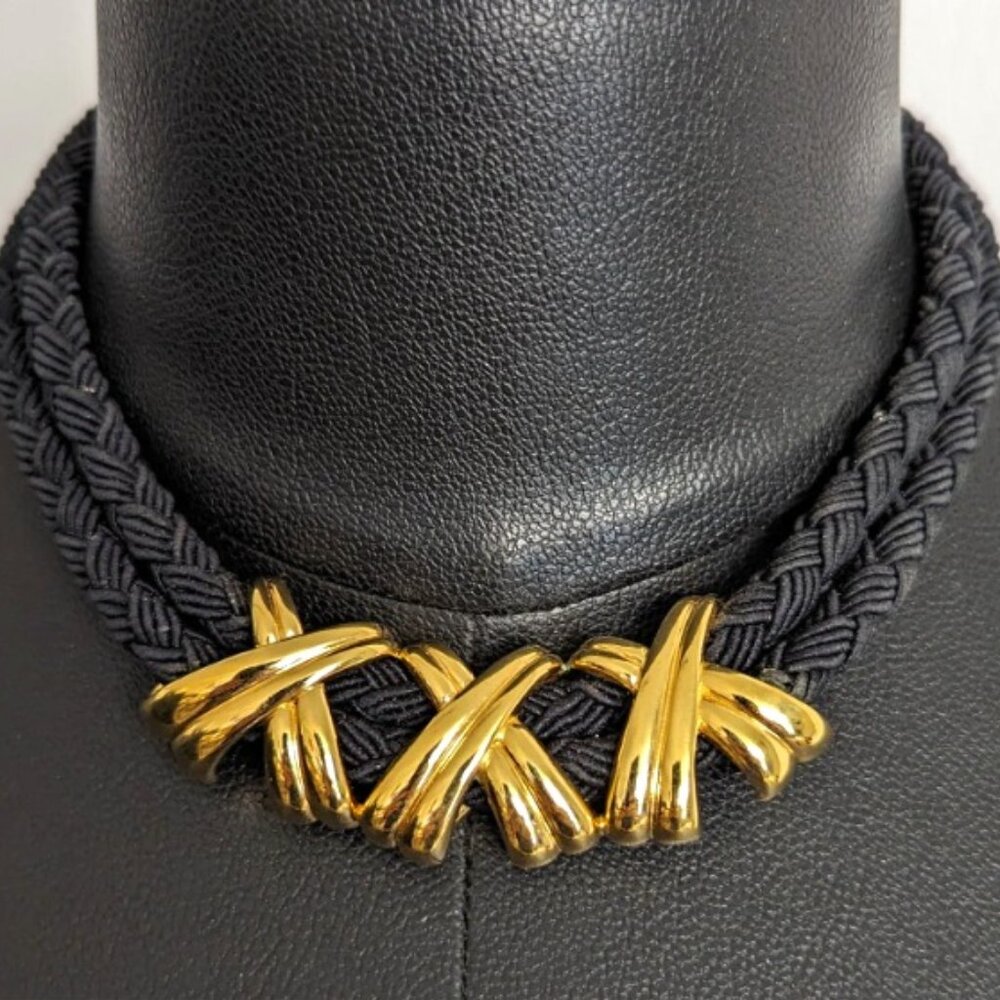 1980/90's Choker Necklace/ Black Rope Chain with Gold Tone Triple X and Hoo…